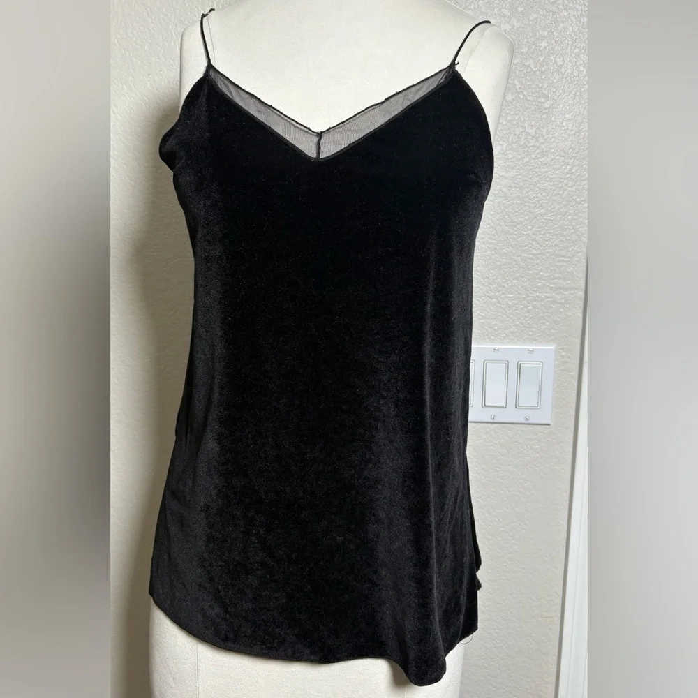 Intimately Free People Black Velvet Camisole with Mesh Lace Detail, Side‎ Slits.
